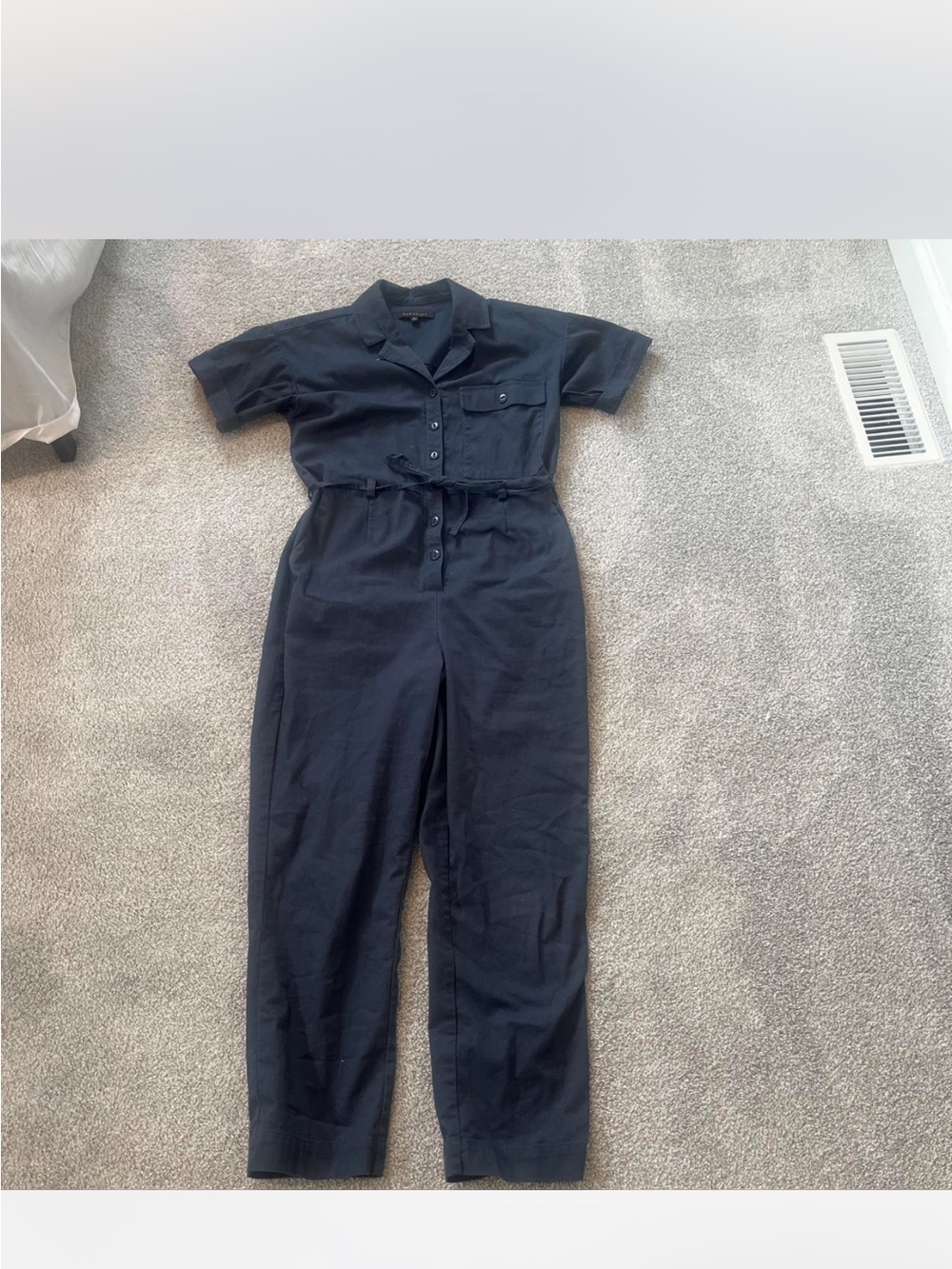 DownEast Navy Short-Sleeve Utility Jumpsuit with Waist Tie